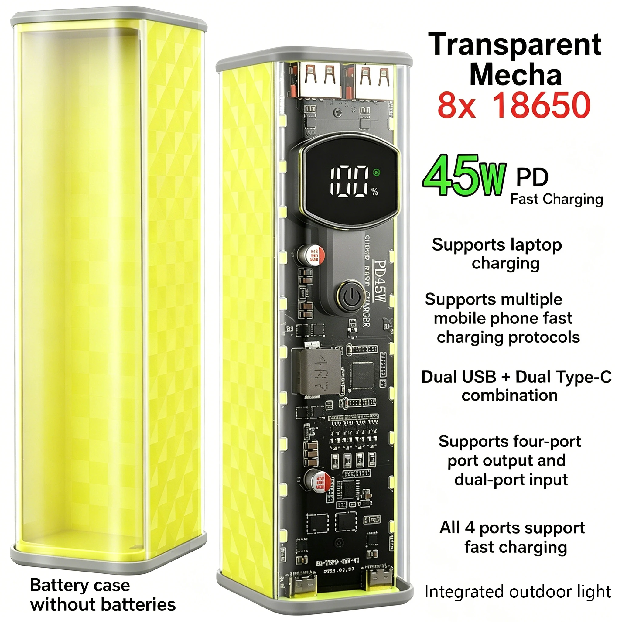 45W PD Super Fast Charging DIY Power Bank for Laptop 8x18650 Battery Case UFCS SCP VOOC QC Fast Charge Empty Shell No Battery