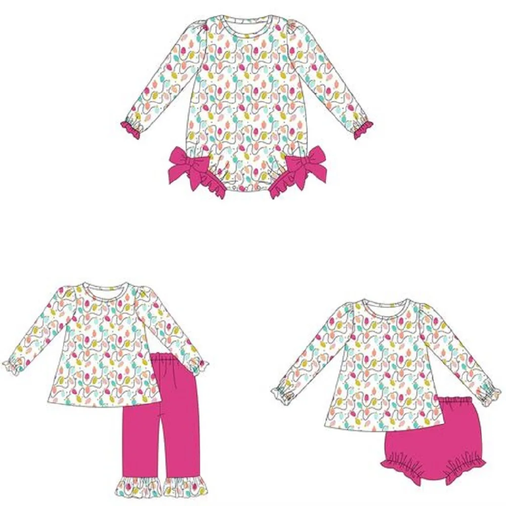 Autumn series colorful line printed long sleeved top and solid color pants set, wholesale of girls' boutique clothing