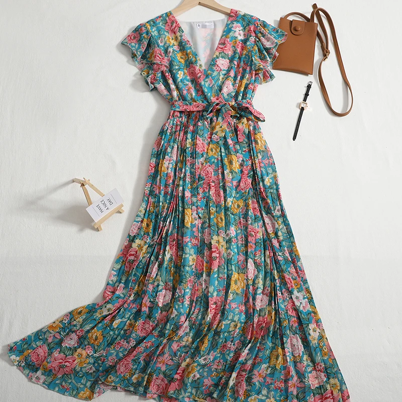 Boho Floral Print Sexy Ruffles Summer Chiffon Long Dress Party Elastic Waist Women V-Neck Casual Beach Pleated Dress