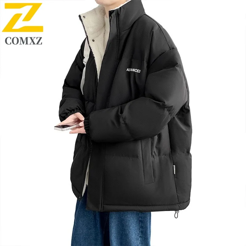 COMXZ 2025 Winter New Cotton Coat Men Trend ins Style Fleece Lined Thickened Short Stand Collar Unisex Lightweight Outerwear