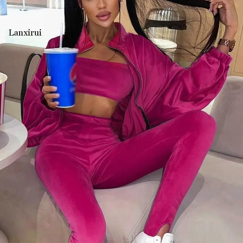 Velour Suit Long Sleeve Coat And Pants Fleece Suit Tracksuit Women Sweatsuits Sexy Solid Streetwear Outfit Three Pcs Set