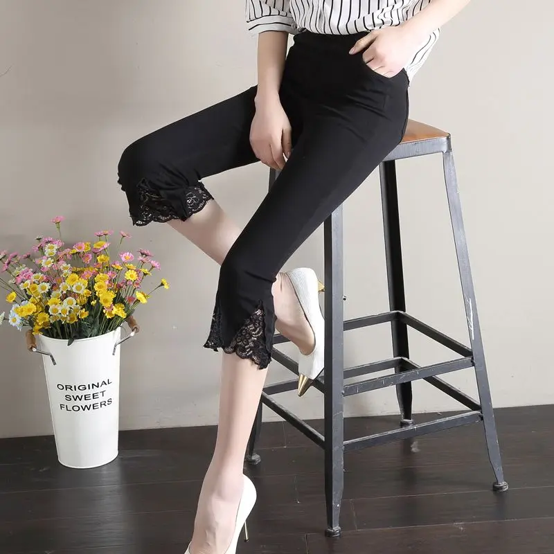 Summer Women Clothing Flare Capris Pants Thin Splicing Lace Korean Fashion New Elastic High Waist Solid Casual Slim Trousers