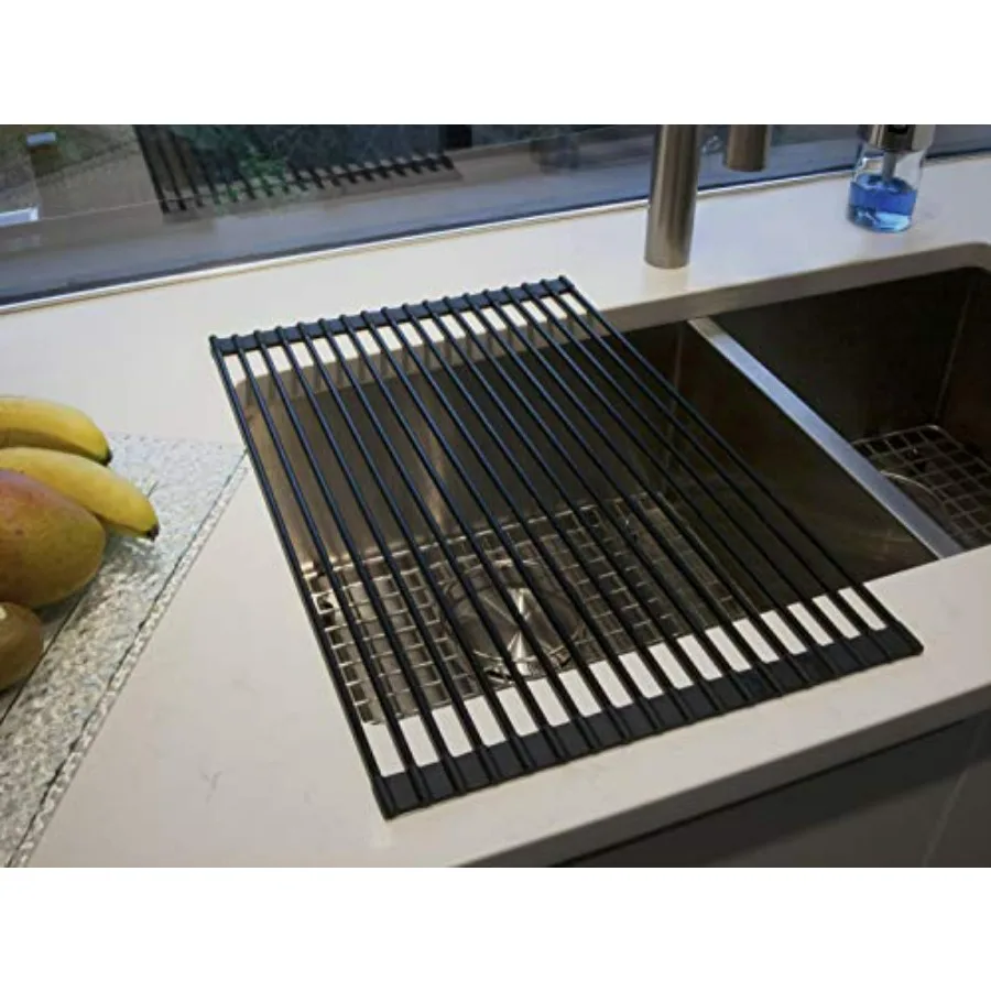رف تجفيف قابل للطي أسود متعدد الأغراض 20.4 × 13.1 بوصة مع قضبان من الفولاذ المقاوم للصدأ الصلبة المطلية بالسيليكون لتجفيف الأطباق بكفاءة