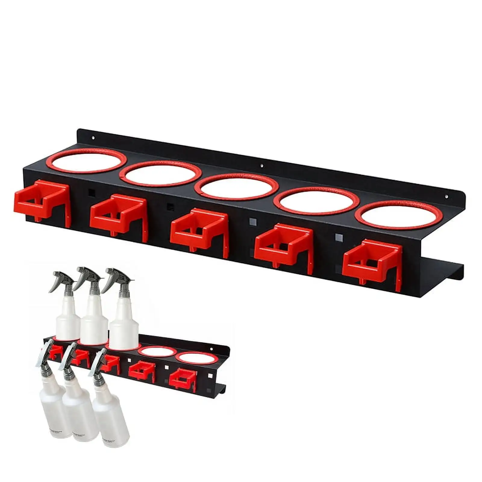 Kaimingweb Spray Bottle Storage Rack Holder, Wall-mounted Garage Bottle Organizer with 5 Plastic Hanging Hooks