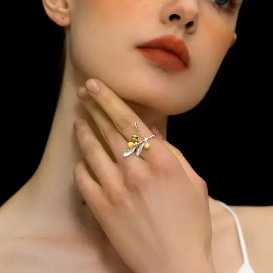 925 Sterling Silver Olive Branch Leaf Ring Adjustable Open Rings for Ladies Personality Daily Holiday Party Jewelry Accessories