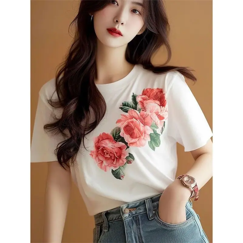 

Pure Cotton Summer New Rose Printed White Short-sleeved T-shirt for Women Fresh and Versatile Tops