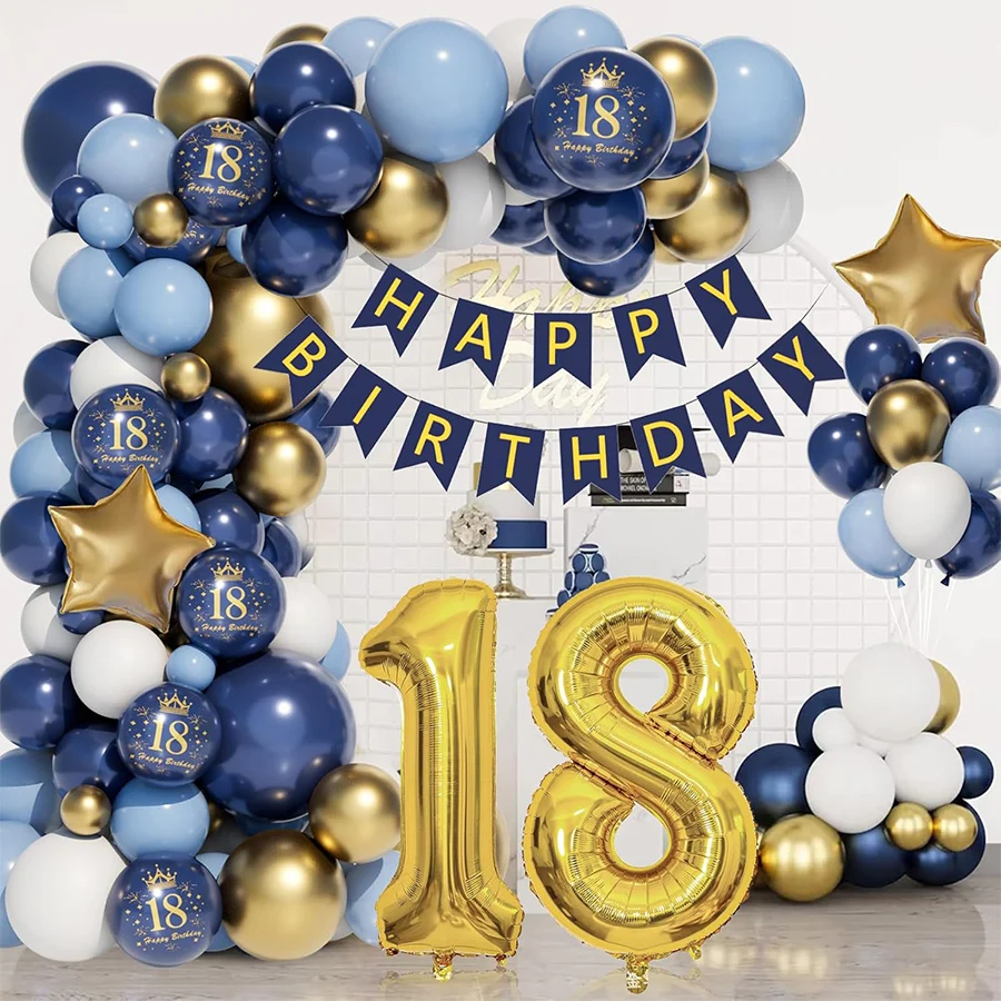 Marineblau-Gold-Weißer Ballonbogen-Set mit der Zahl 18 und Stern-Happy-Birthday-Banner für 18-jährige Partydekorationen