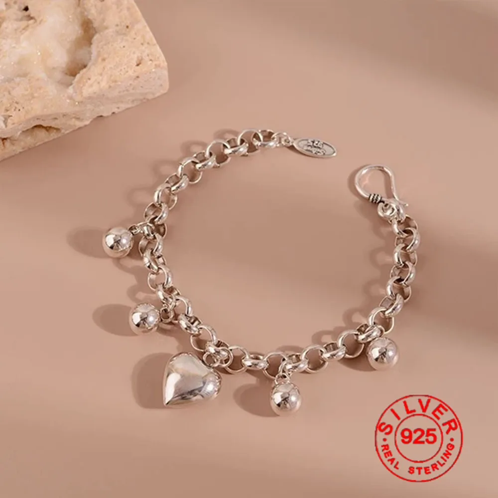 BFCLUB Silver Color Heart Ball Smile Bracelet for Women Men Vintage Handmade Hasp Bracelet Birthday Gift S-B451