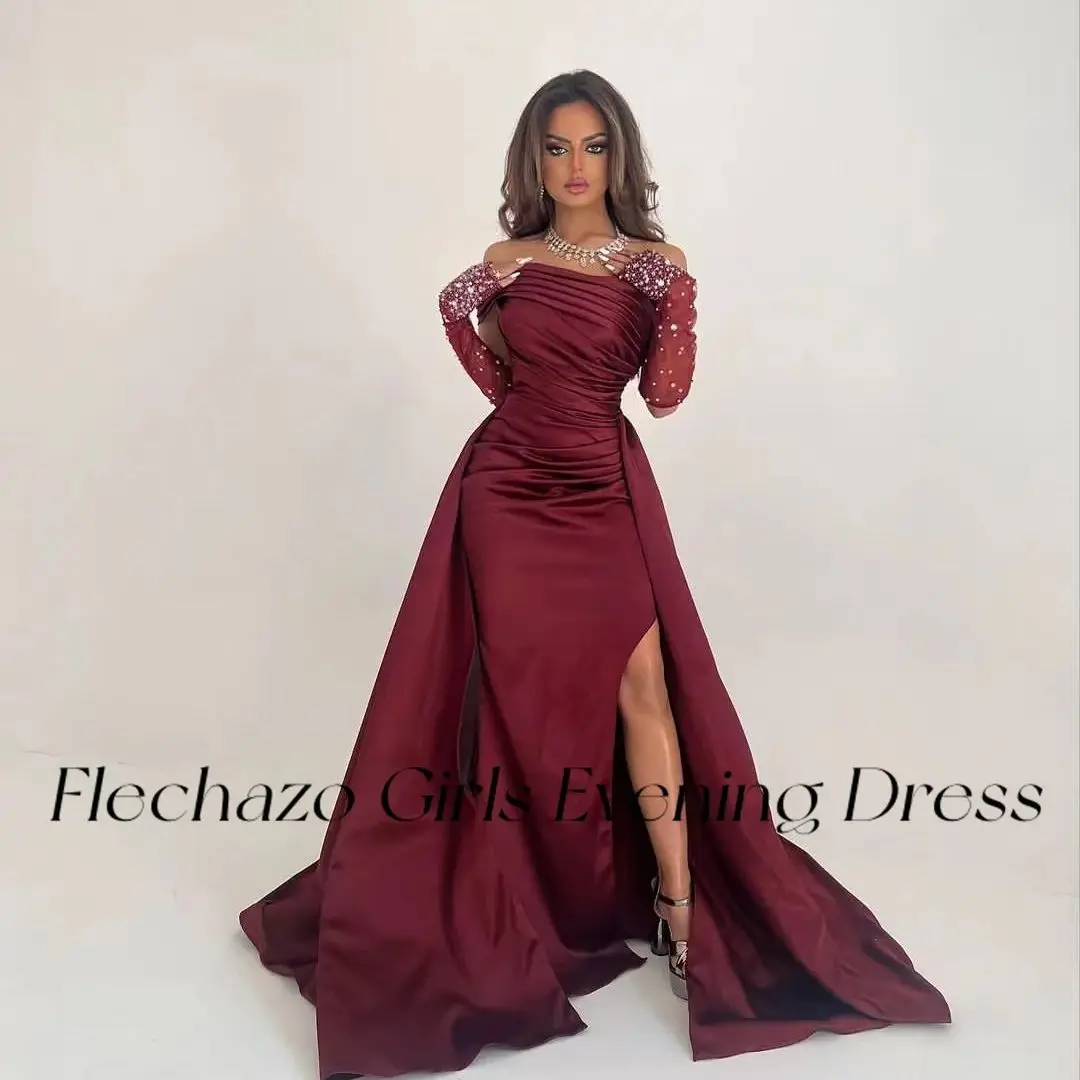 Fashion Beauty Wine Red Satin Prom Dresses Strapless Shiny Bead Glove Slit Formal Party Dress For Women 2024 düğün parti elbise