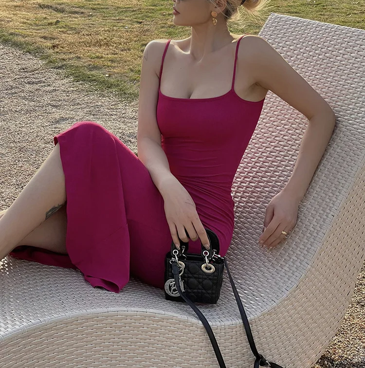 

7061 Summer New Elegant Off-Shoulder Backless Slim Fit Split Over-Knee Strap Dress For Women