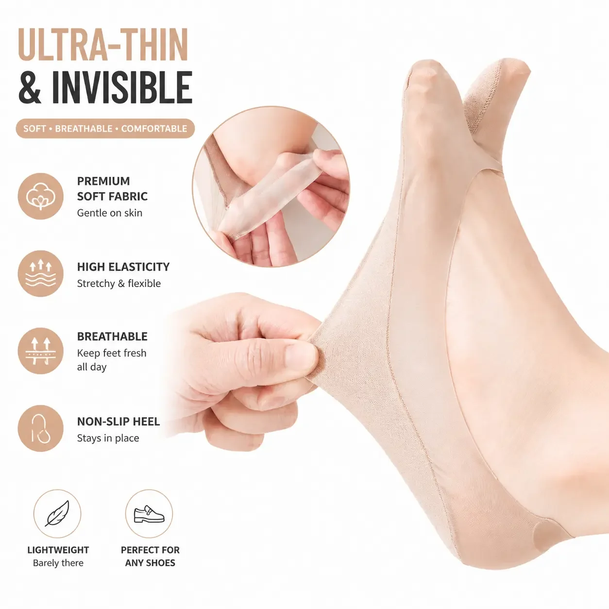 Solid Ice Silk Split-Toe Socks for Women - Minimalist Short No-Show Cut for Summer Athletic Wear, High Heels & Flats, Short Socks, Feet