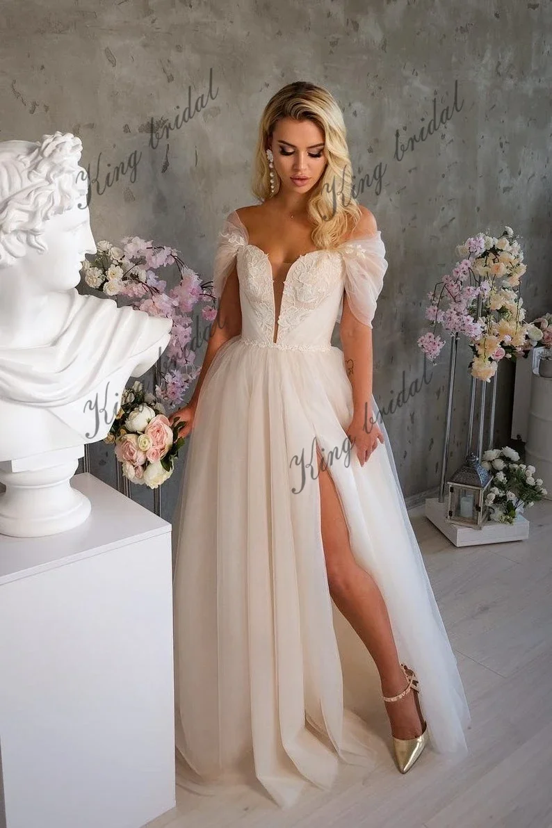 Unique A Line Wedding Dress with Sexy Deep V Neck Tulle Floral Lace Fairy Wedding Dress. Modern Bridal Lace-up Corset Ball Gown