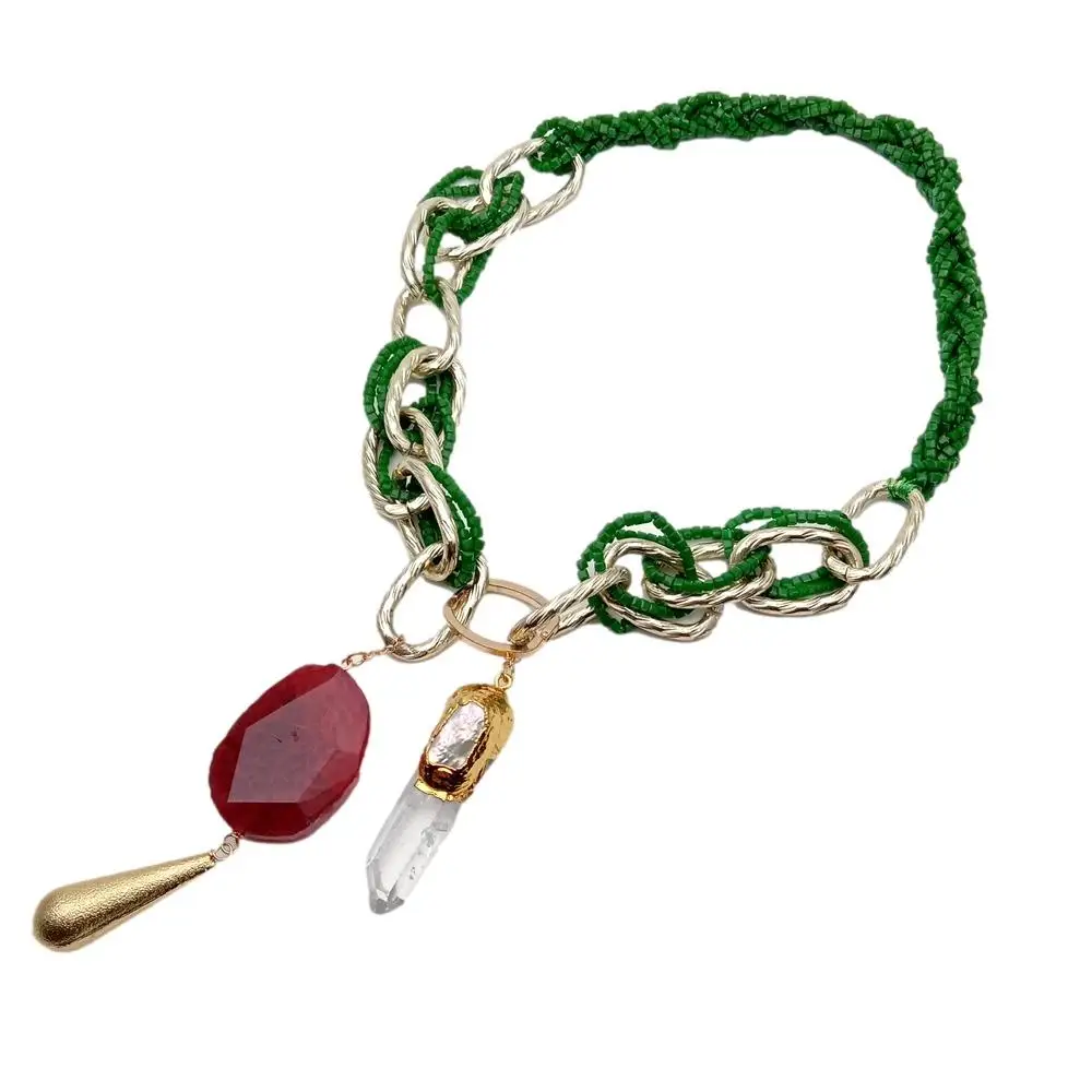 

Y.YING Green Crystal Fuchsia Agate Necklace Quartz Druzy Pendant Exquisite Women Jewelry
