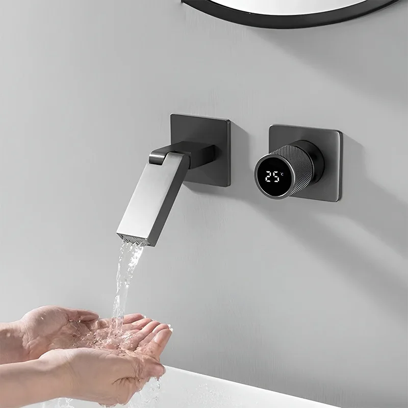 

Gun gray washbasin faucet concealed into wall type hydroelectric power generation temperature digital display bathroom