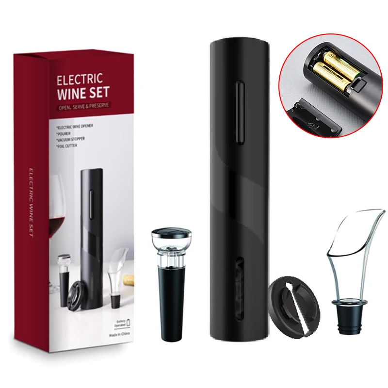 전기 와인 오프너 통풍기 푸어러 호일 커터가있는 자동 코르크 따개 주방 바 파티를위한 원 클릭 버튼 배터리 오프너