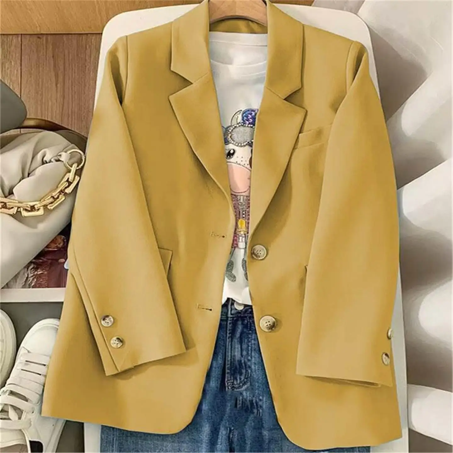 

Spring Jaet Women Casual Faion 2024 Spring Coat Ladies Polyester Fabric Pure Color PU Material Mid-aged Women