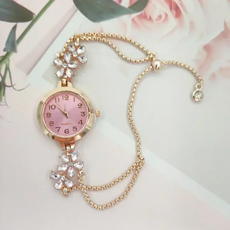 Elegant Women Flower Crystal Quartz Watch Round Pink Dial Double Layer Adjustable Chain Ladies Dress Bracelet Wristwatch image 5
