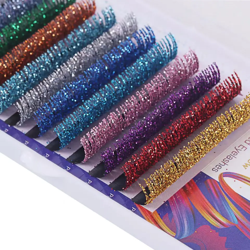 THINKSHOW Mix Glitter Colors Individual Eyelash Extension 0.10mm All Size Shiny Beauty Color Eyelashes for Party Makeup Tool