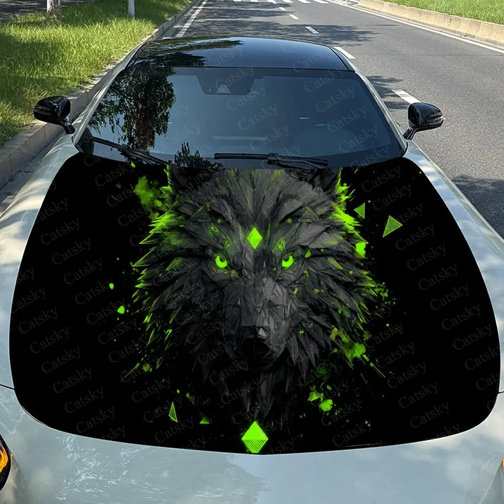 Neon Wolf Head & Geometric Edge Car Vinyl Wrap, PVC Waterproof Car Hood Sticker, Self-Adhesive Scratch-Resistant Stickers