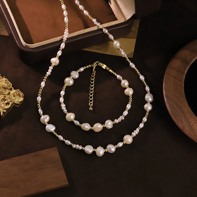 

Natural Freshwater Pearl Jewelry Set for Women Wedding Bridal Engagement Pearl Necklace Bracelet 2-Piece Set Fashion Jewelry