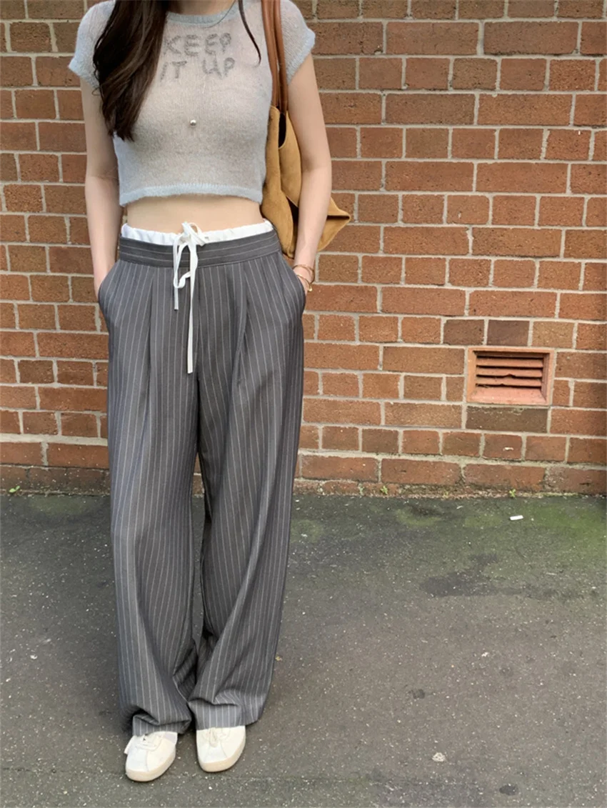 Alien Kitty High Street Women Pants Chic Stripes All Match Slim Straight Daily 2024 Streetwear Summer Wide Leg Loose Casual