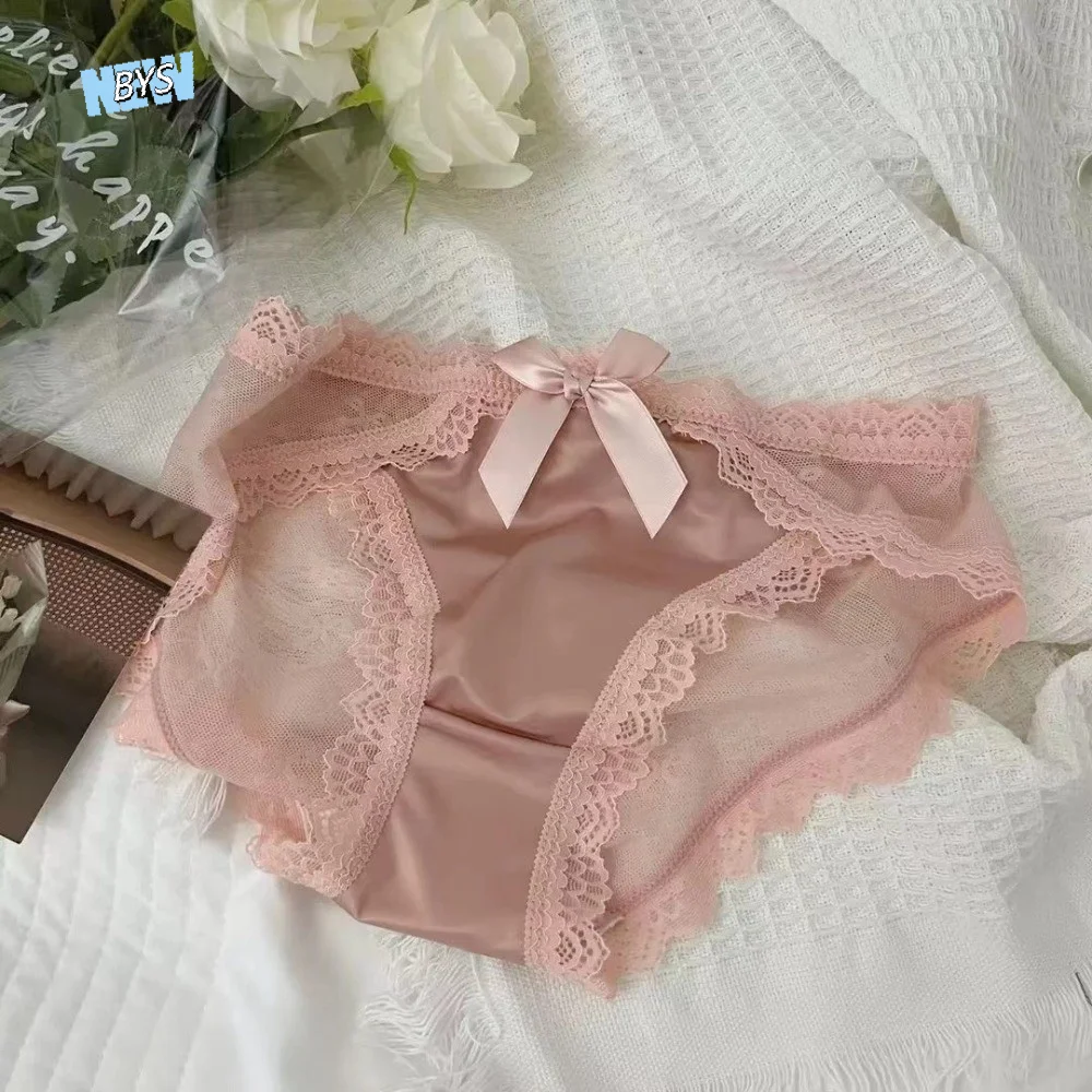

Comfortable Low Waist Lace Panties Bow Cotton Crotch Mesh Flower Briefs Lingerie Transparent Lace Thin Underwear Lady
