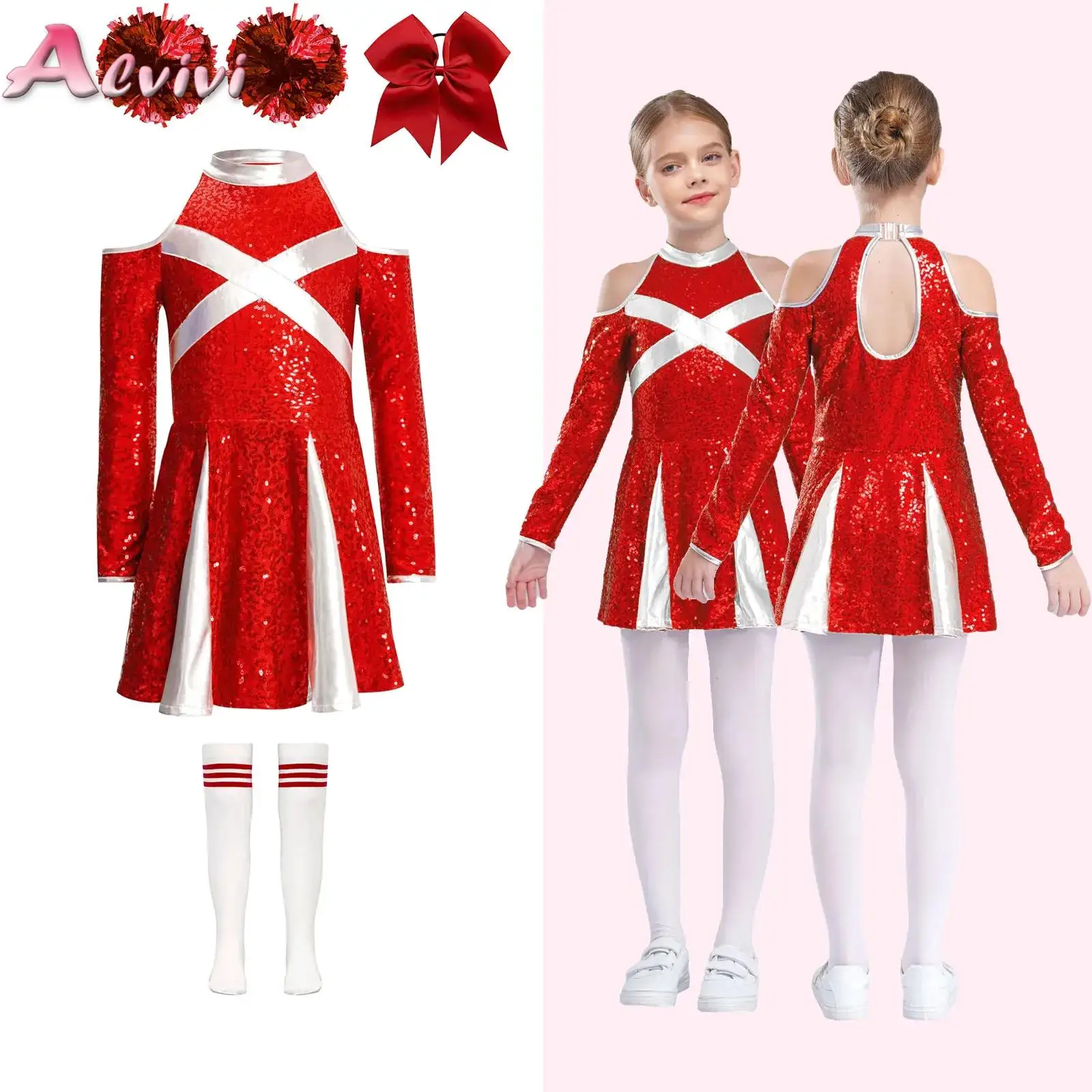 

Girls Cheerleading Outfits Halloween Fancy Dress Cheer Leader Costume Long Sleeve Dance Dress Headwear Flower Socks Dancewear