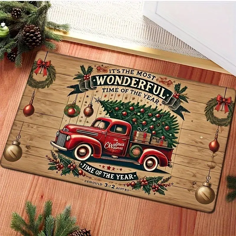VIKAMA Vintage Red Truck Welcome Mat Indoor Outdoor Entrance Doormat Kitchen Bedroom Bathroom Entryway Rug Christmas Home Decor