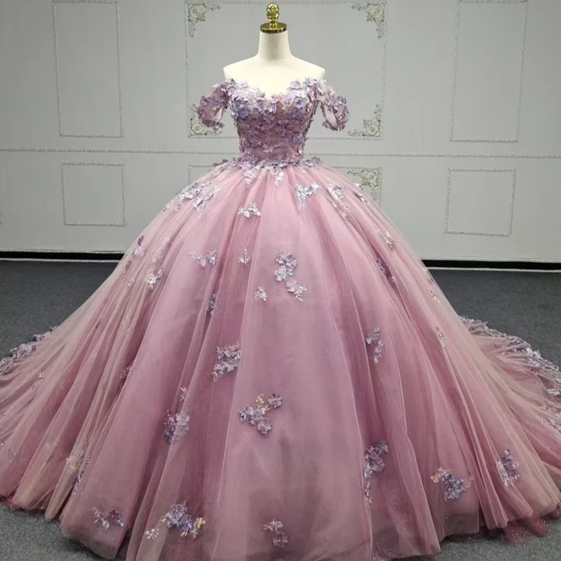 

Pink Shiny Quinceanera Dresses Off The Shoulder Appliques Lace Beading Tull Lace-Up Party Birthday Sweet 16 Dress vestidos de 15