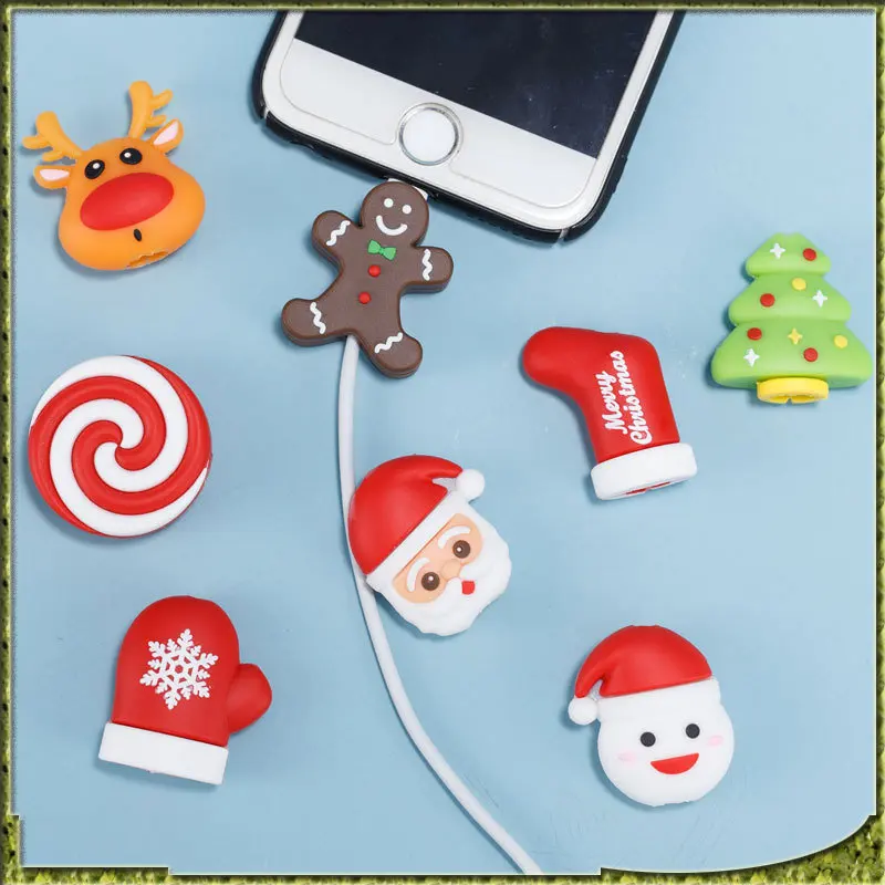 1pcs Random Data Cable Silicone Protective Cover Anti-breakage Cartoon Christmas Gift Flat Fruit Cable Charging Head Universal