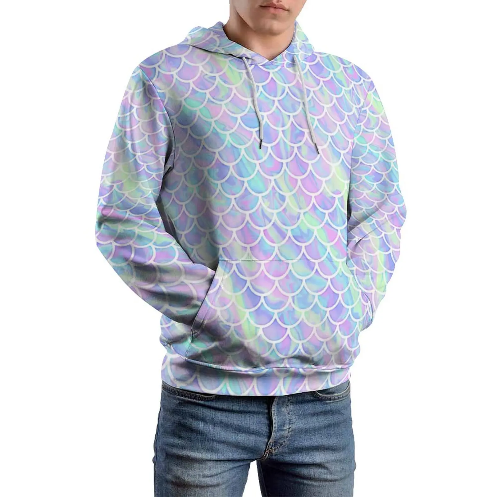 

Mermaid Scales Print Loose Hoodies Marbled Rainbow Korean Fashion Hoodie Man Long Sleeve Cool Graphic Sweatshirts Big Size