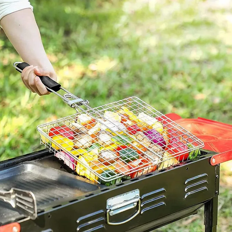 Stainless Steel Folding Handle Barbecue Clip Outdoor Multifunctional Grilled Fish Meat Vegetable Mesh BBQ Tool