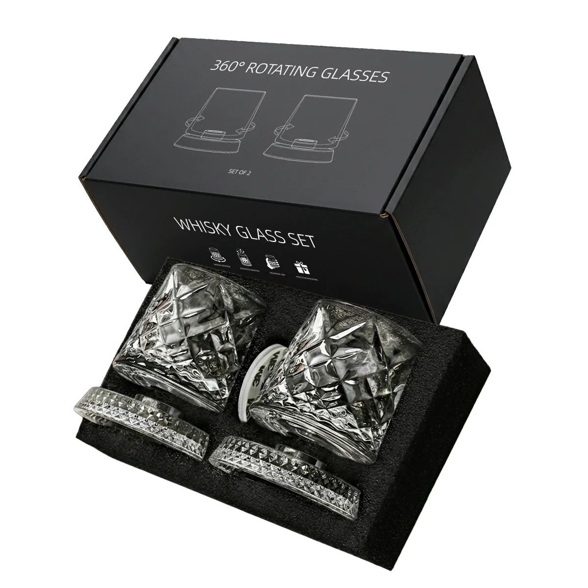 2PCS Rotating Whiskey Glasses with Base 360 Degree Crystal Whiskey Tumbling Glass Set for Gathering Home Bar Cocktail Gift Box
