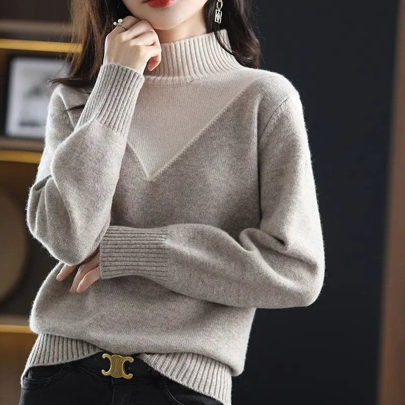 Fashion Vintage Women Warm Turtleneck Wool Sweater Autumn Winter Contrast Korean Clothing Slim Patchwork Long Sleeve Pullovers