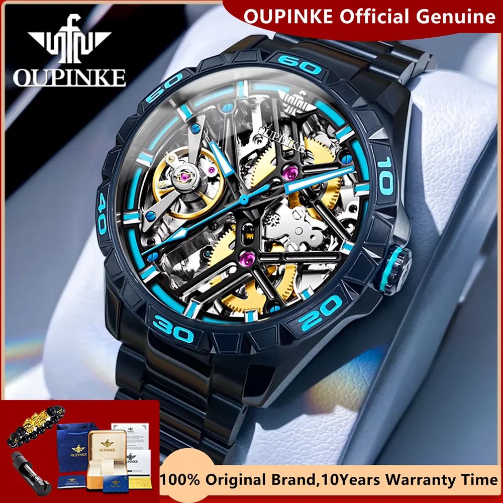 OUPINKE 3196 Automatic Mechanical Watches for Men Full Hollow Out Stainless Steel Strap Top Luxury Tidal Series Men's Wristwatch