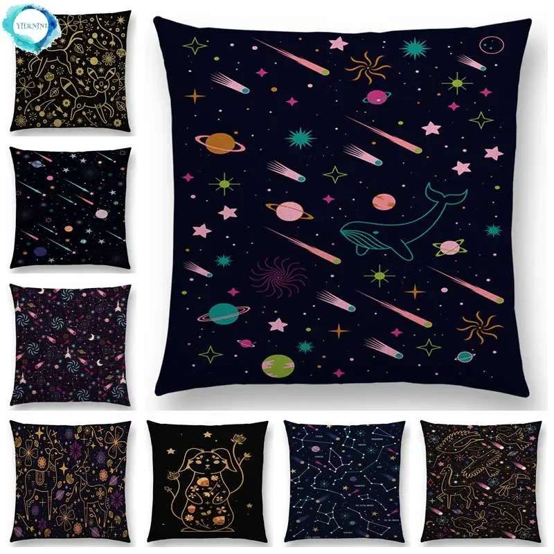 

Newest Black Background Moon Stars Meteor Constellation Galaxy Sofa Pillow Case Cat Bear Rabbit Deer Bird Cushion Cover