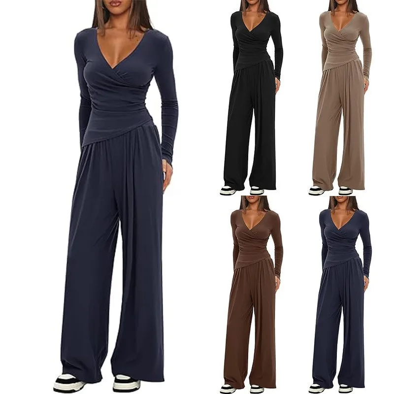 

Summer Women's Clothing Solid Color V Neck Long Sleeve Two Set Polyester Wide Leg Pants Outfits