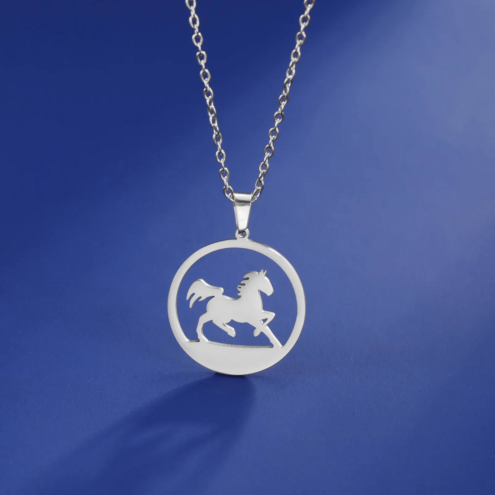 HIPEE Running Horse Round Pendant Necklace for Women Men Girls Stainless Steel Animal Chain Walking Horse Necklaces Jewelry Gift