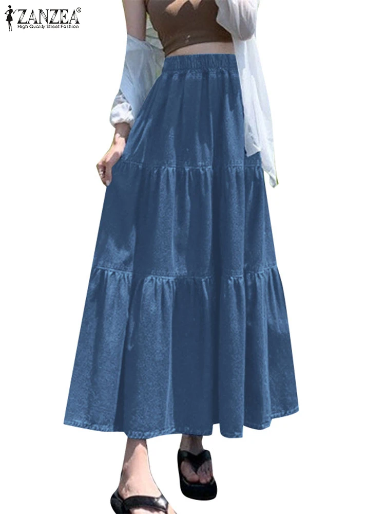 ZANZEA Fashion Women Elastic Waist Denim Blue Long Skirts Autumn Maxi Skirt Casual Ruffles Faldas Saia Loose Holiday Party Jupe