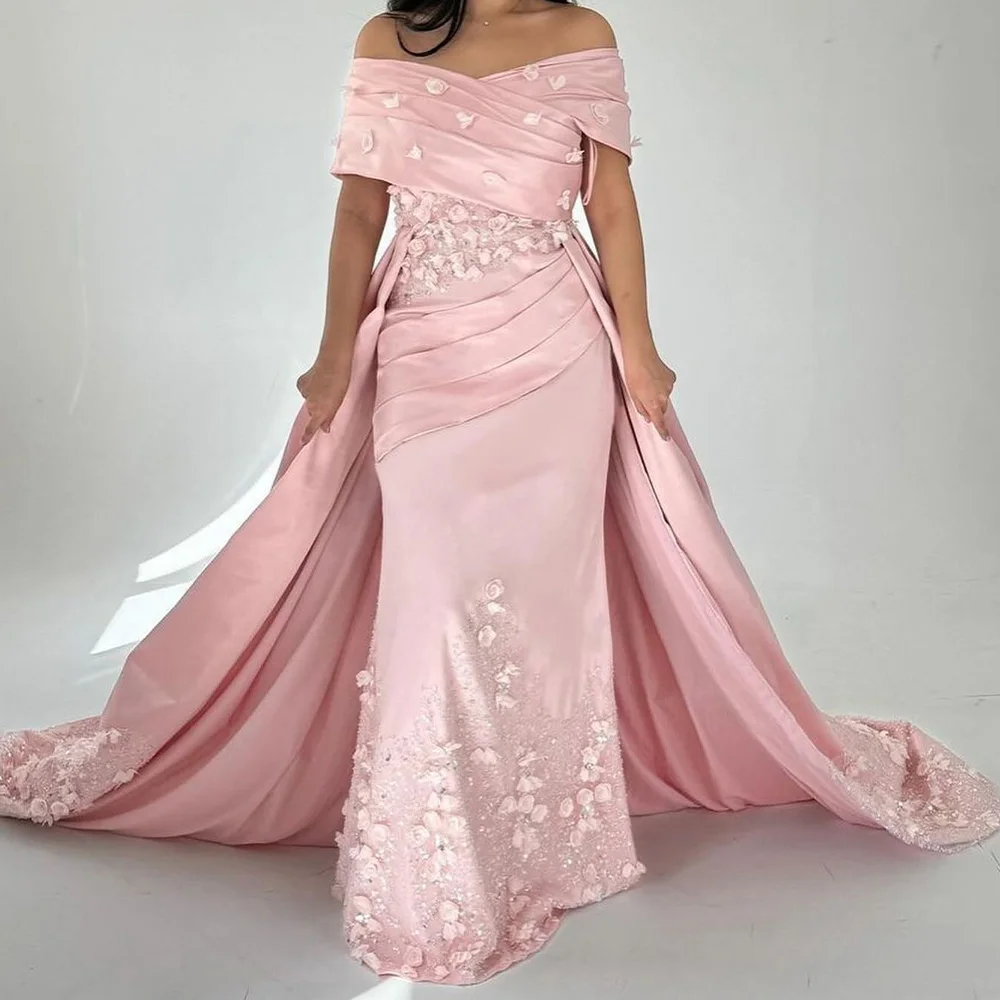 

Customized Appliques Sequined 3D Flowers Crystal Satin Floor Length V-Neck Pane Train Off the Shoulder Zipper Back Exquisite Ev