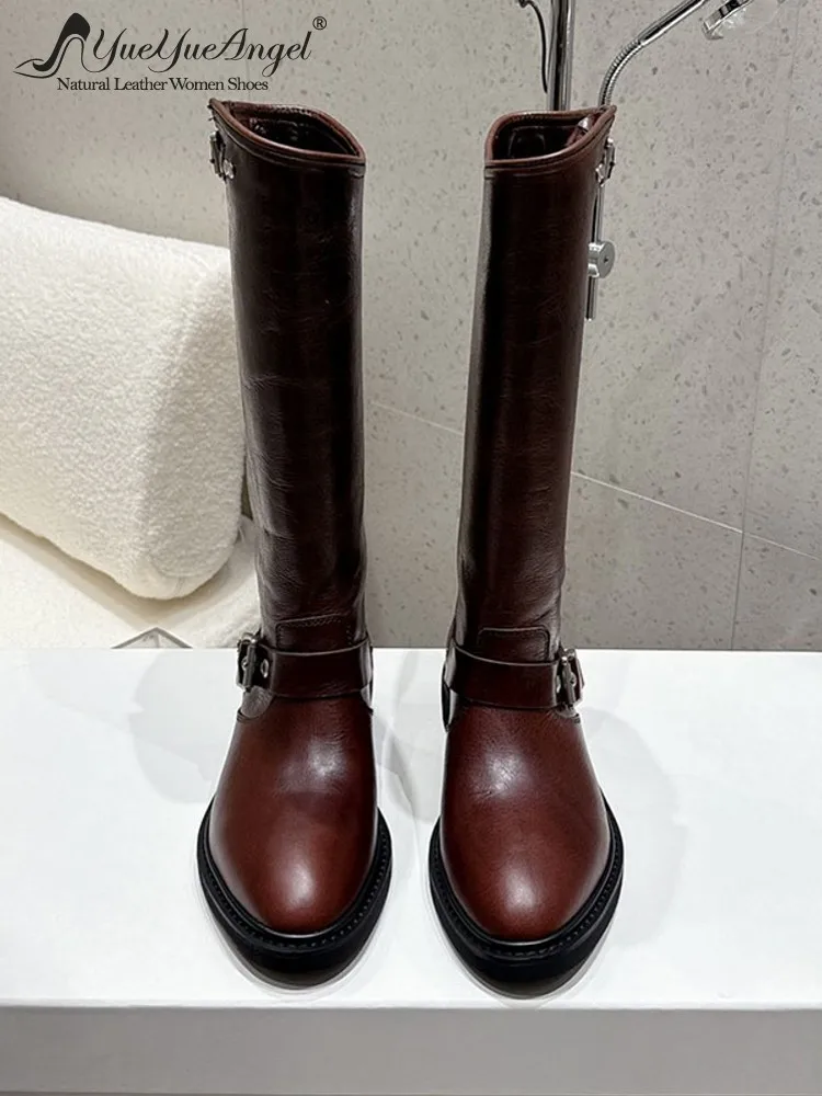 Vintage Ladies Buckle Designer Autumn Winter Mid Heel Genuine Leather Solid Color Knee High Boots Woman Elegant Fashion Shoes