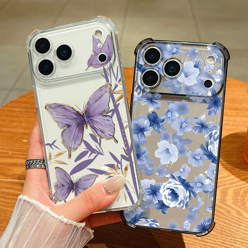 Schmetterling blaue Blumen Silikon Handyhülle für iPhone Air 17 Pro Max 16 15 Pro Max 14 13 12 Pro Max 11, stoßfeste weiche TPU-Abdeckung