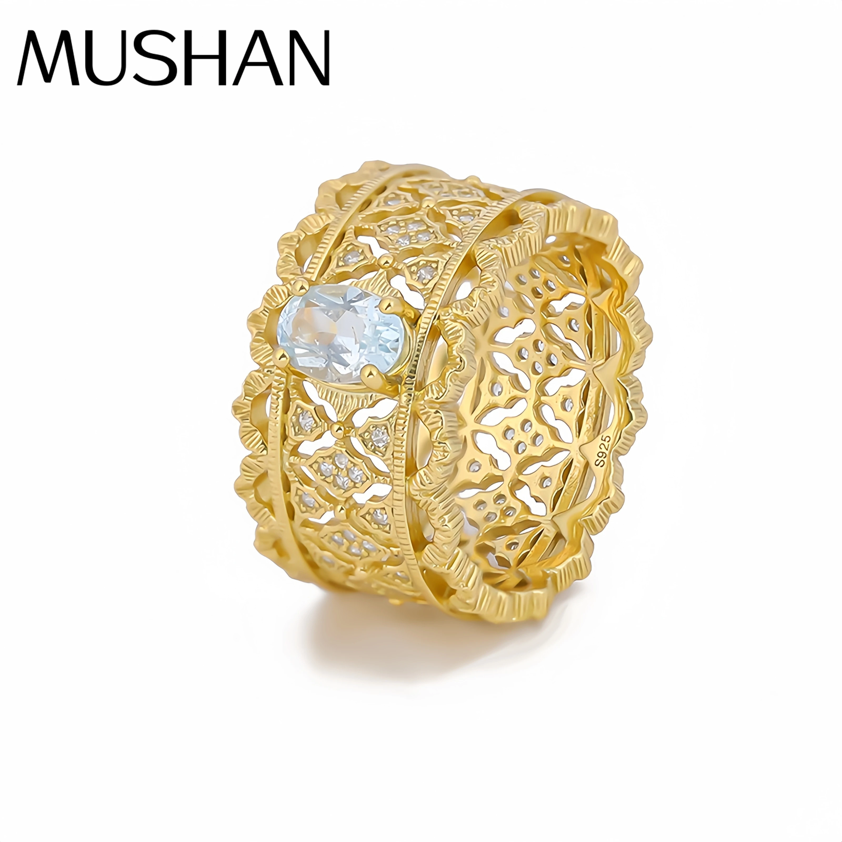 

Роскошный бренд Mushan, ретро кружево, натуральный драгоценный камень, матовое вручную кольцо из чистого серебра, женское кольцо из стерлингового серебра 925, ювелирные изделия