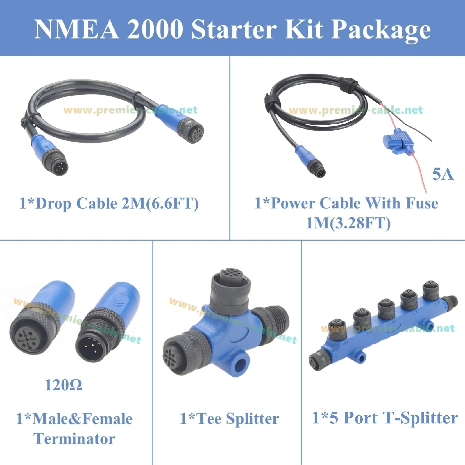 NMEA 2000 N2K Starter Kit Marine Grade Backbone Drop Cable 5 Way T-Splitter Tees Terminators Power Cable for Lowrance Simrad B&G