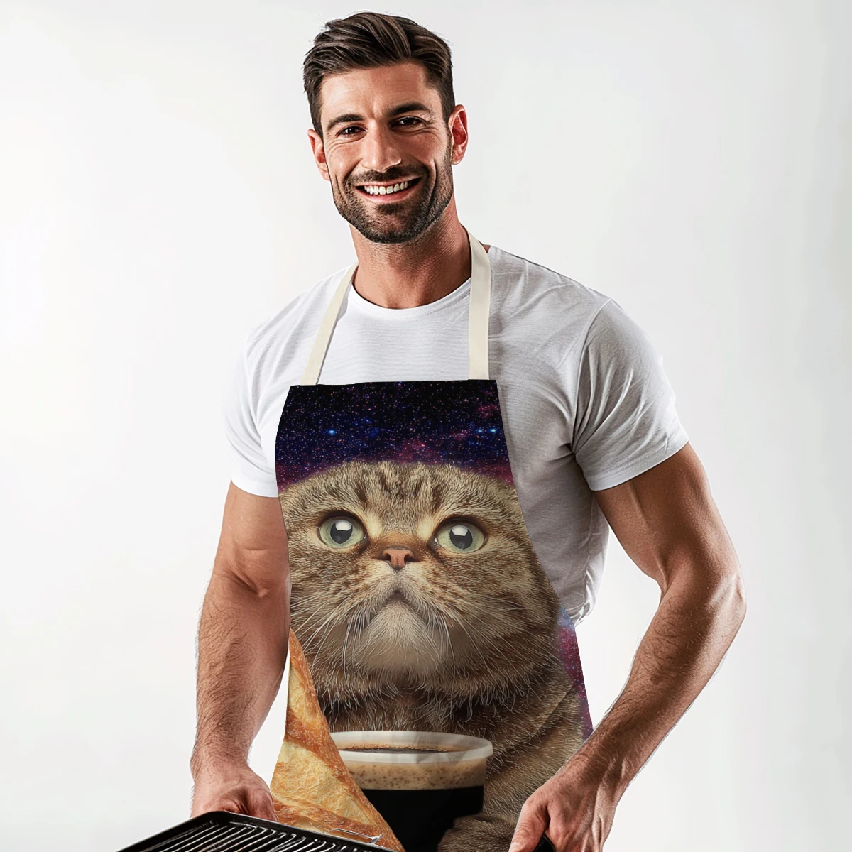 Playful Cat & Taco Pattern Polyester Apron - Fun Cooking Apron, Stylish Kitchen Apron for Home Art & Baking Activities