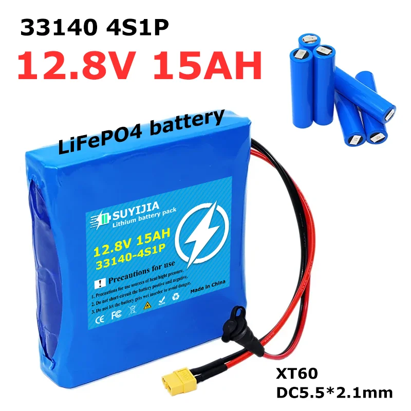 

33140 12V 15000mAh LiFePO4 Battery Pack 12.8V 4S1P built-in 30A Same Port BMS for 12V Equipment Solar Electric Toy Power Supply