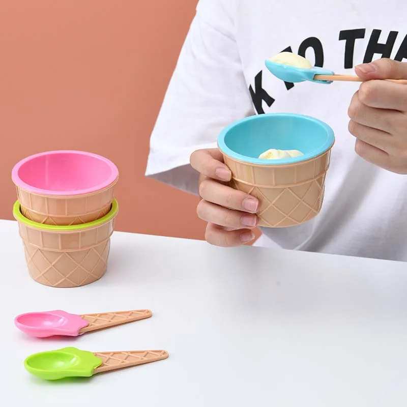 6 Sets Ice Cream Bowl and Spoon Plastic Reusable Ice Cream Bowl Cartoon Egg Cone Children Fruit Dessert Bowl Kitchen Accessories