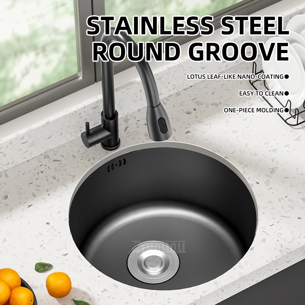 

Черная круглая кухонная мойка с нанопокрытием, одинарная чаша из нержавеющей стали 304 для бара и кухни