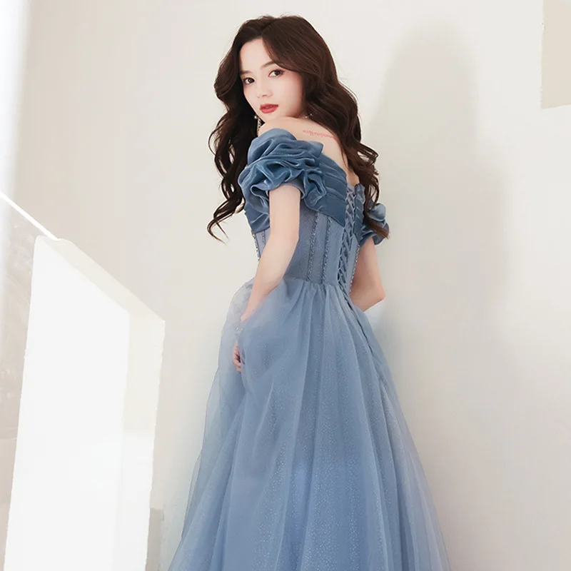 Blue Evening Dress 2025 Spring/Summer New One Shoulder Simple Banquet Style Performance Host Student Art Exam Long Dress
