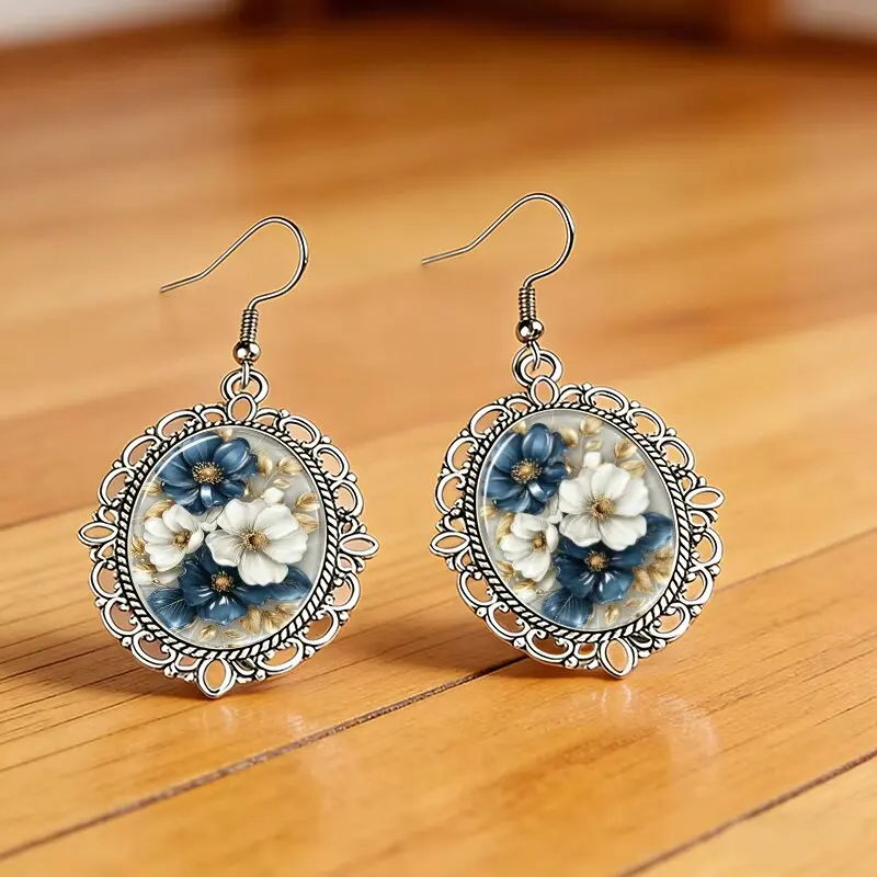 Vintage ovale Blumen-Glas-Cabochon-Ohrringe für Frauen, blau-weiße florale Tropfenohrringe, Schmuckgeschenke – Detail 5
